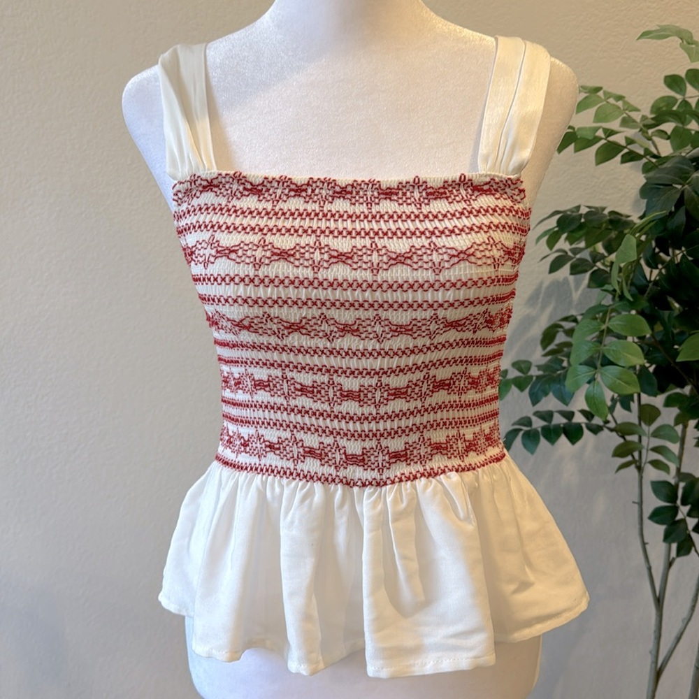 TCEC White And Red Smocked Bodice And Frilled Hem Top Size Small